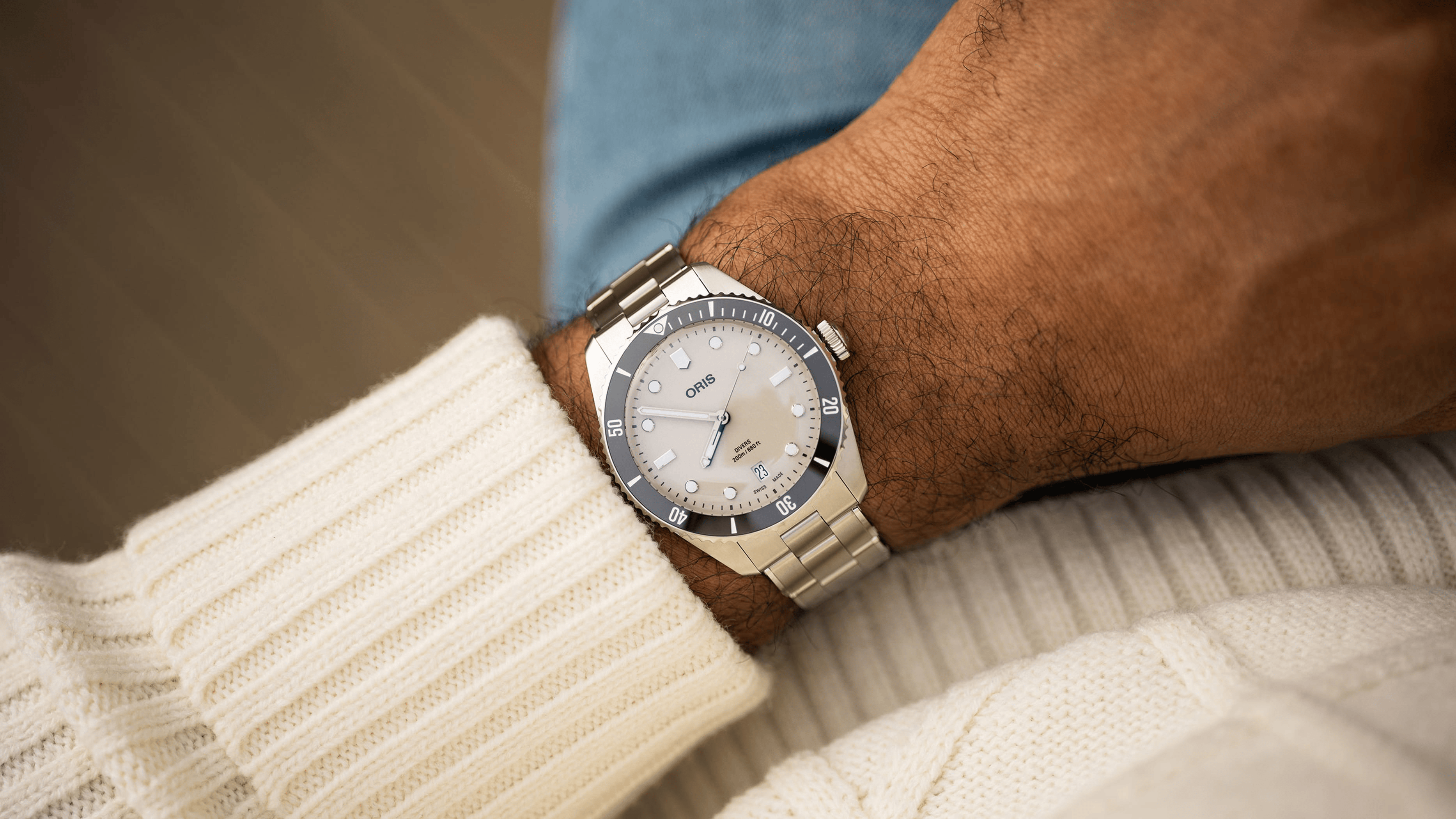 Oris Divers Date 39mm Beige Dial Men's Watch 01 733 7795 4051-Set