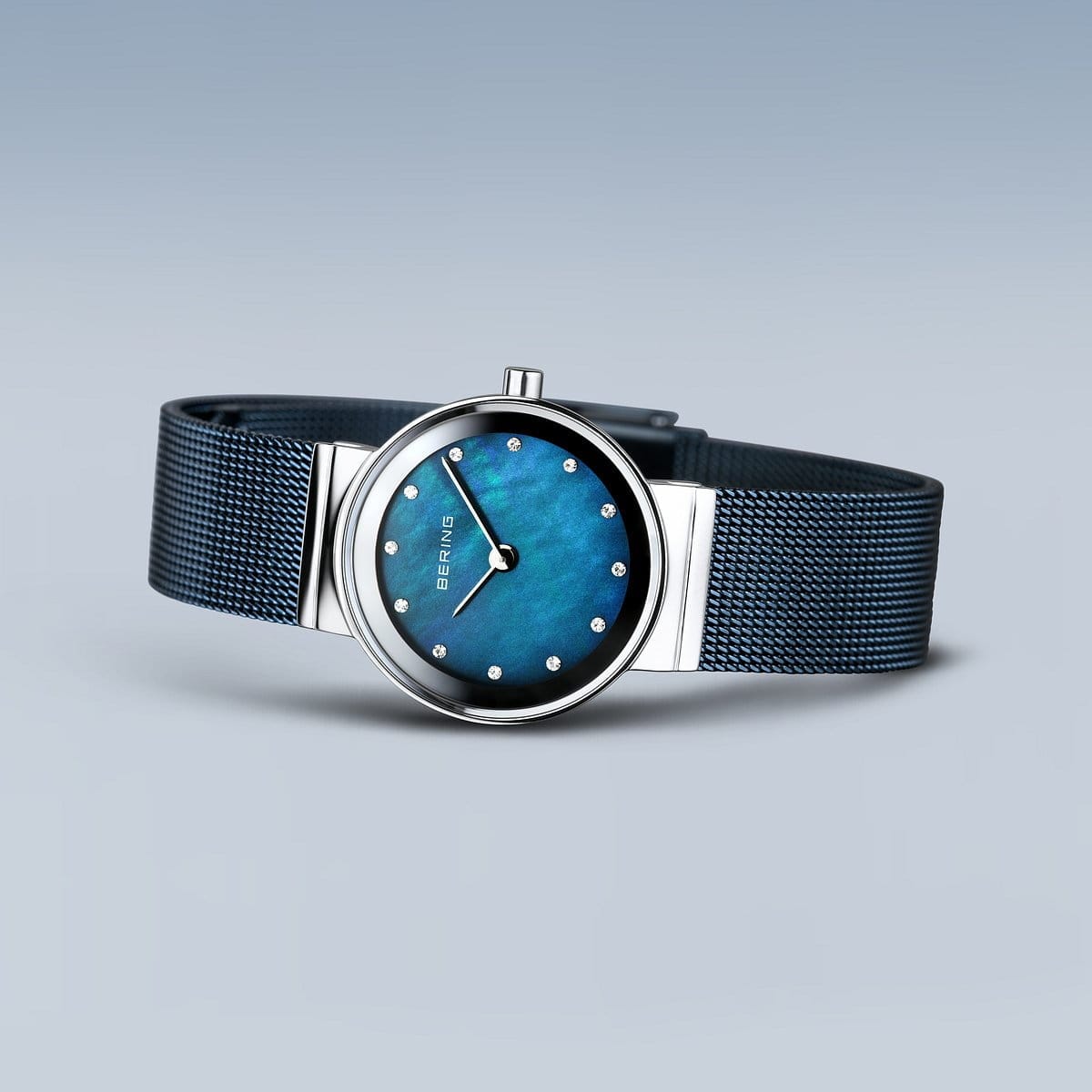 BERING Classic Polished Silver 26mm Blue Mother of Pearl Women's Watch 10126-307