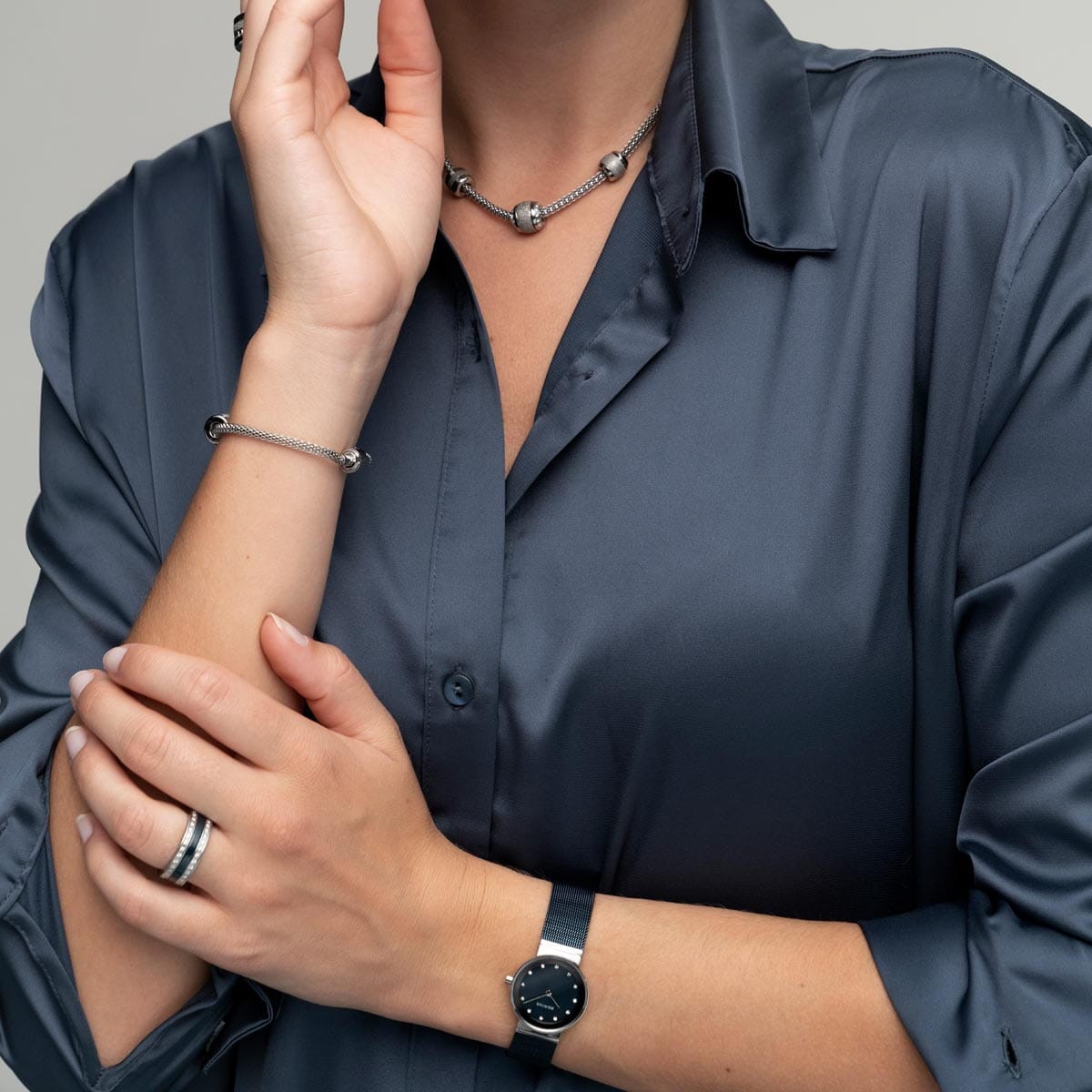 BERING Classic Polished Silver 26mm Blue Mother of Pearl Women's Watch 10126-307