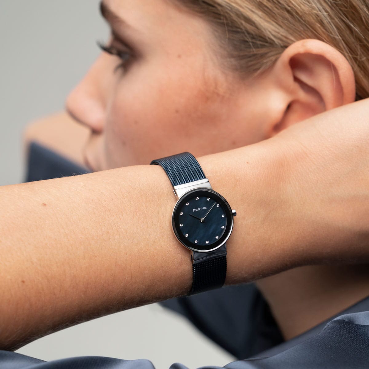 BERING Classic Polished Silver 26mm Blue Mother of Pearl Women's Watch 10126-307