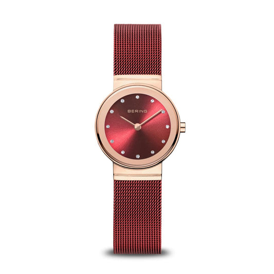 BERING Classic Polished Rose Gold 26mm Red Sunray Women's Watch 10126-363