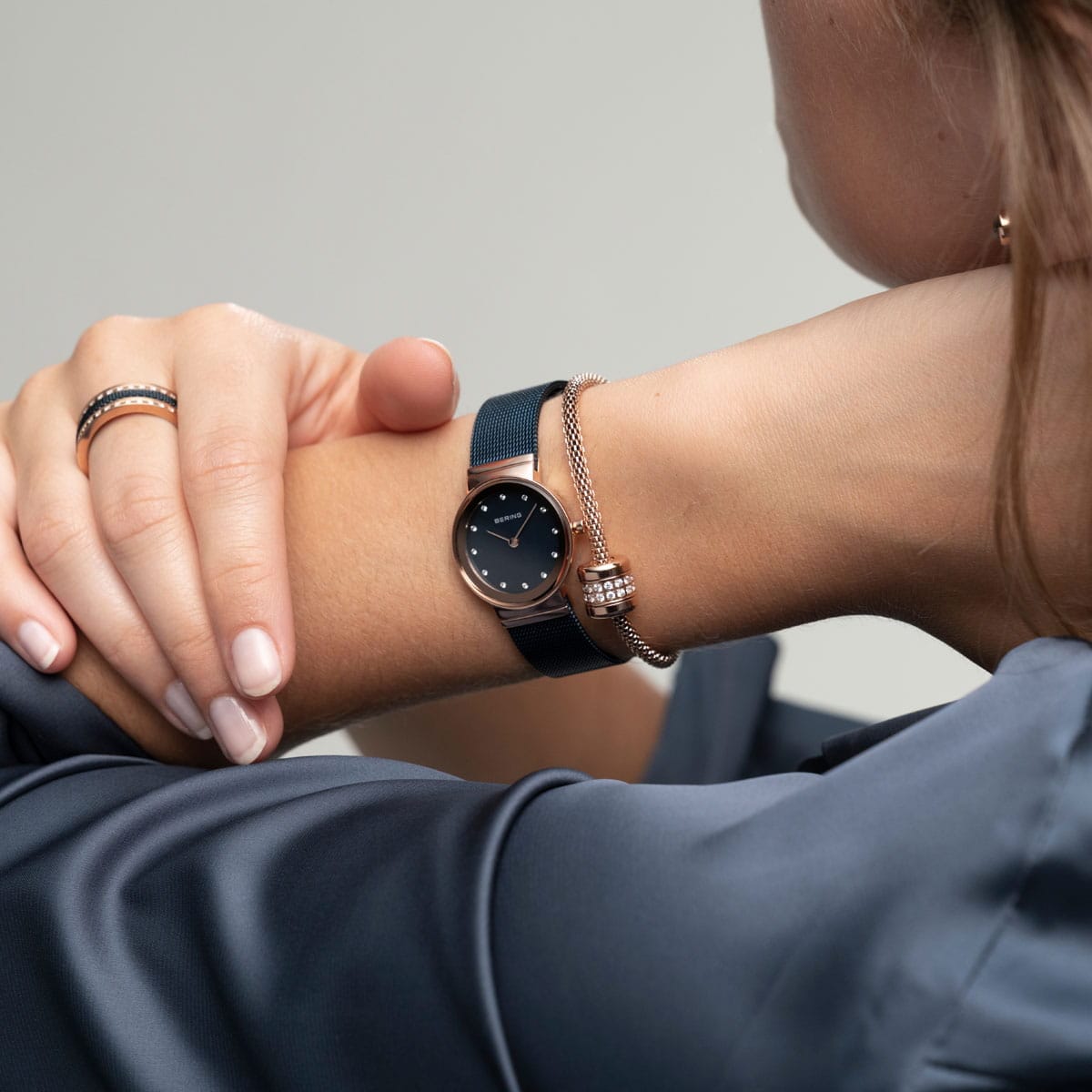 BERING Classic Polished Rose Gold 26mm Blue Mother of Pearl Women's Watch 10126-367