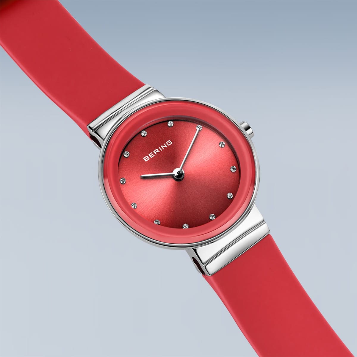 BERING Classic Polished Silver 29mm Red Sunray Dial Women's Watch 10129-503