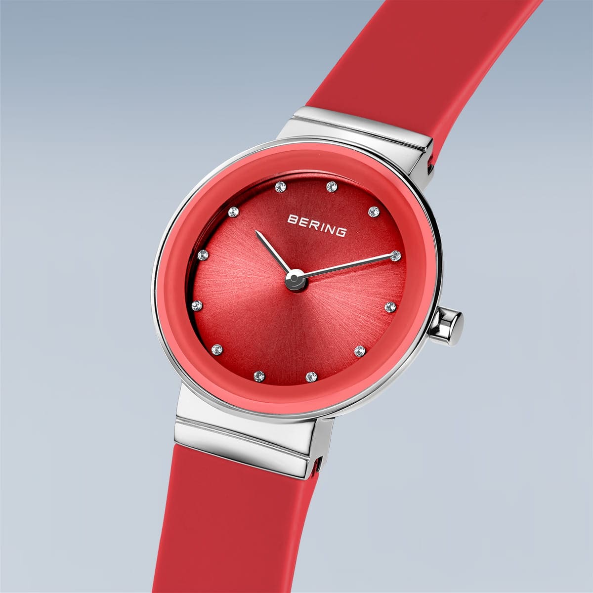 BERING Classic Polished Silver 29mm Red Sunray Dial Women's Watch 10129-503