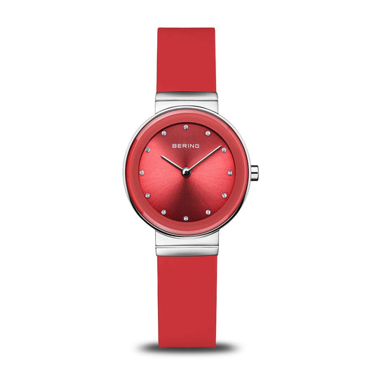 BERING Classic Polished Silver 29mm Red Sunray Dial Women's Watch 10129-503