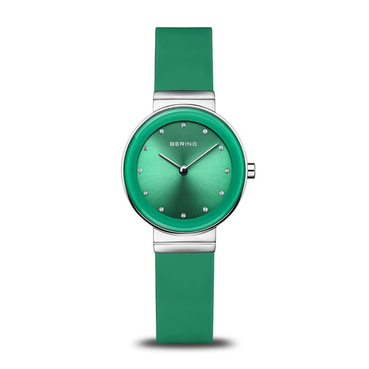 BERING Classic Polished Silver 29mm Green Sunray Dial Women's Watch 10129-808