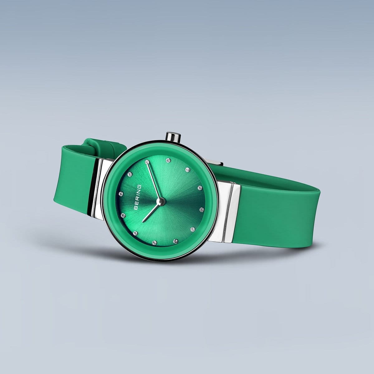 BERING Classic Polished Silver 29mm Green Sunray Dial Women's Watch 10129-808