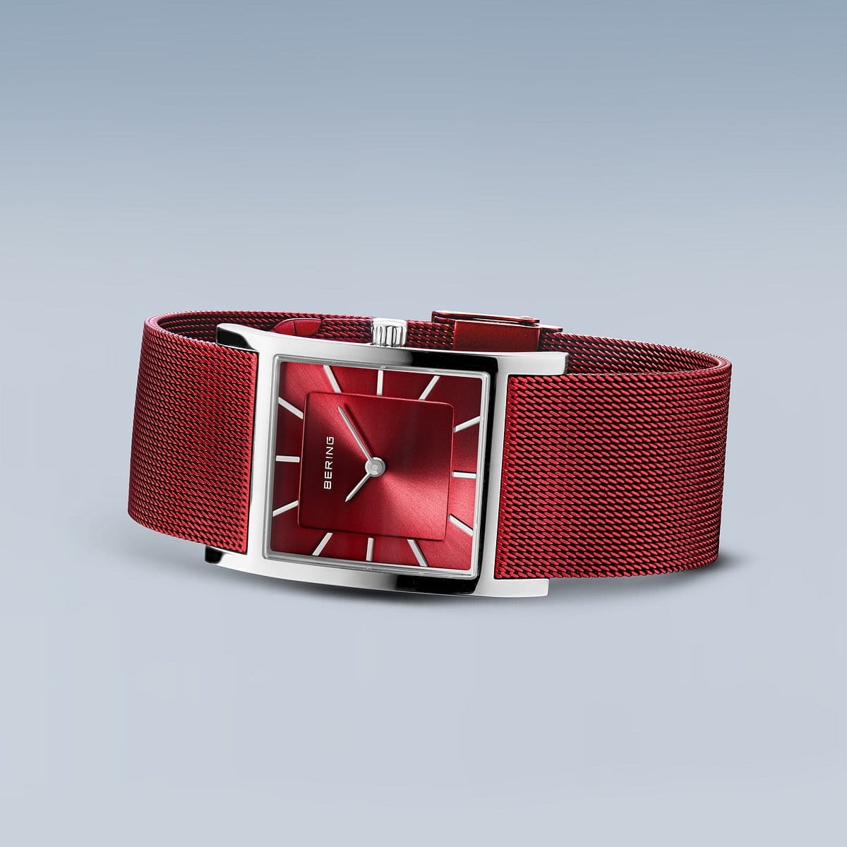 BERING Classic Polished Silver 26mm Red Sunray Dial Women's Watch 10426-303-S