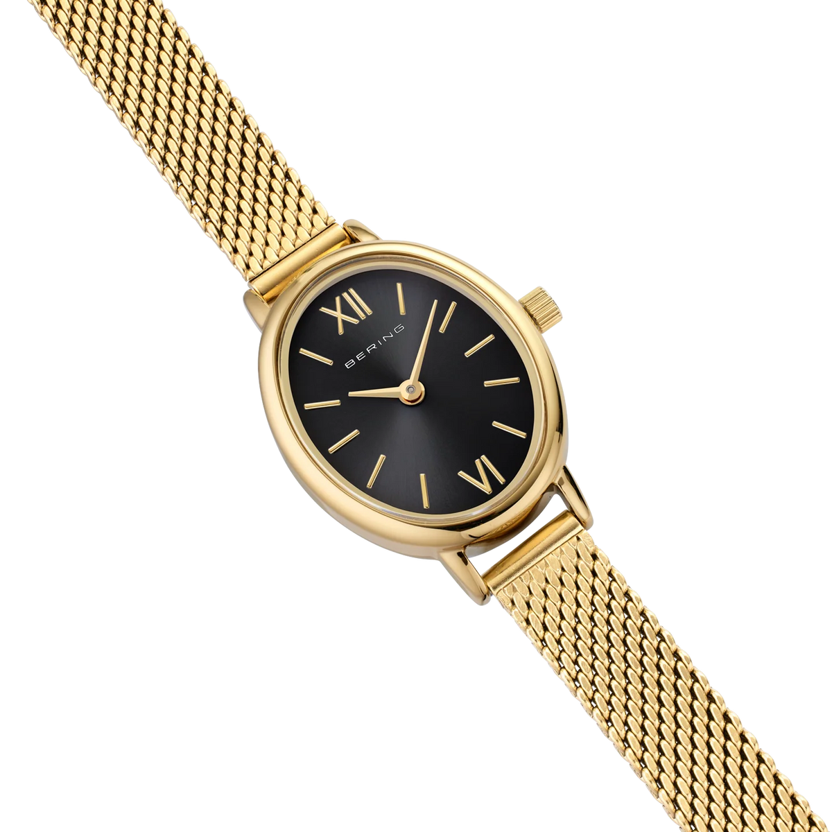 BERING Petite Oval Roman Numeral Mesh Watch Black 20mm Black Sunray Dial Women's Watch 11020-332