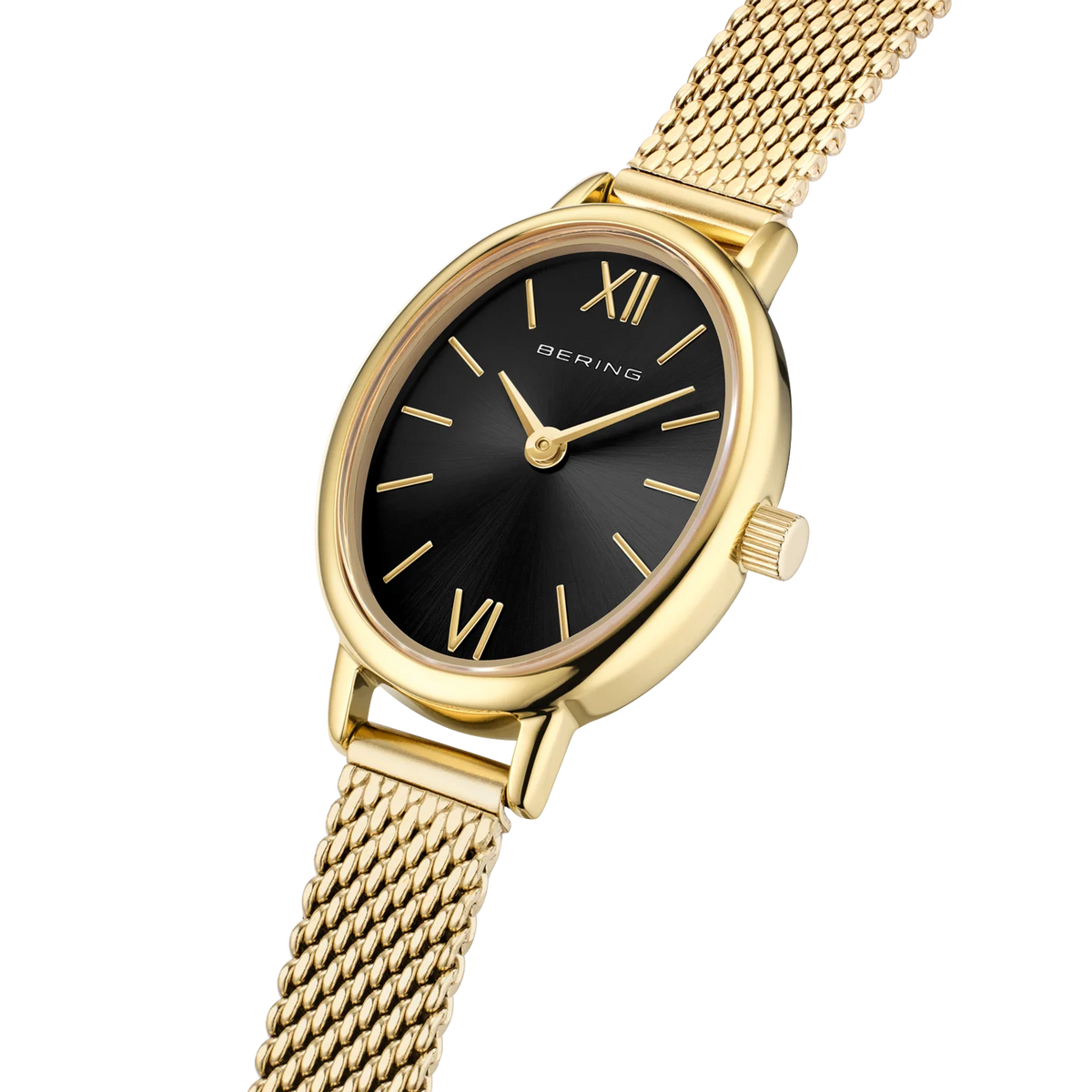 BERING Petite Oval Roman Numeral Mesh Watch Black 20mm Black Sunray Dial Women's Watch 11020-332
