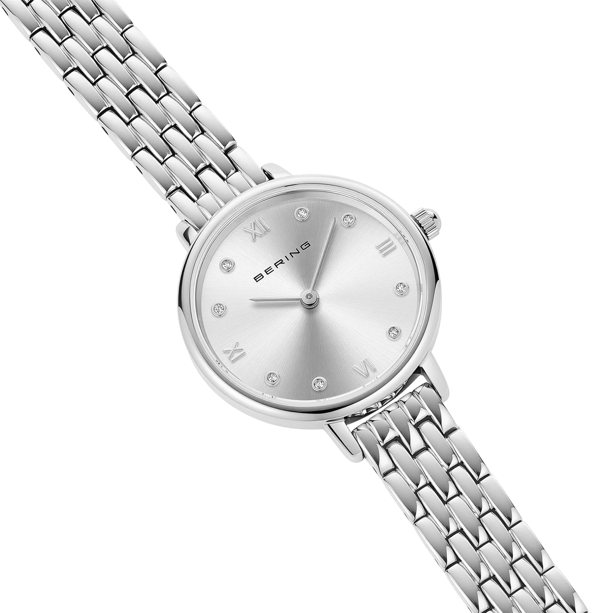 BERING Demi Roman Numeral Sparkling Link Watch Silver 28mm Silver Sunray Dial Women's Watch 11028-700