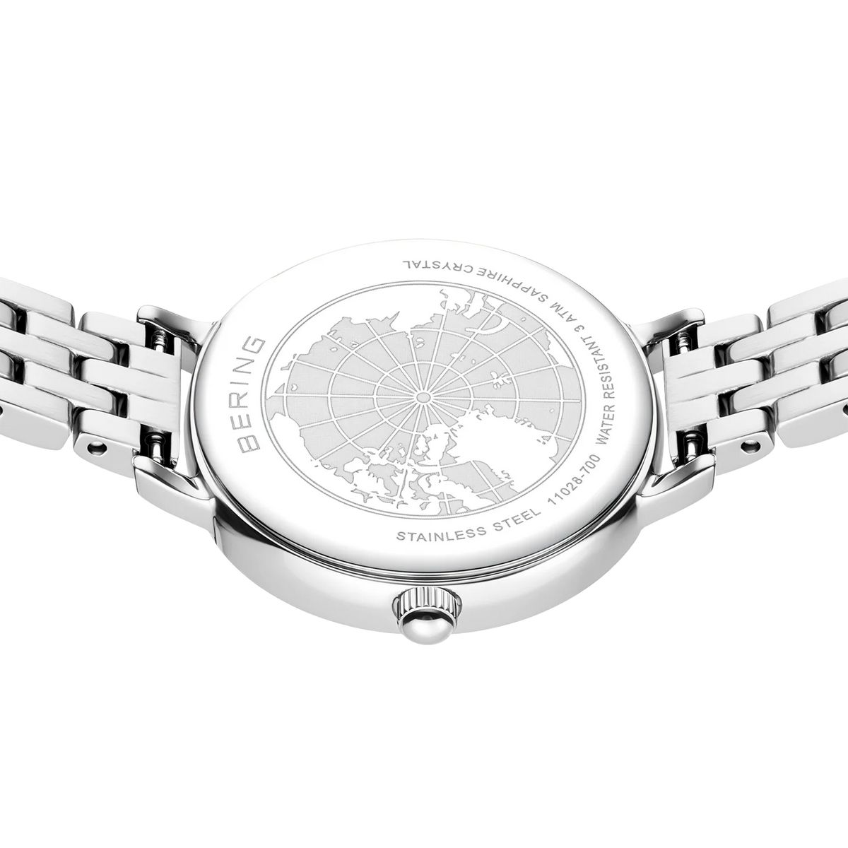 BERING Demi Roman Numeral Sparkling Link Watch Silver 28mm Silver Sunray Dial Women's Watch 11028-700