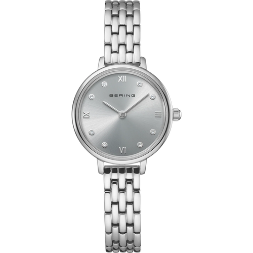 BERING Demi Roman Numeral Sparkling Link Watch Silver 28mm Silver Sunray Dial Women's Watch 11028-700