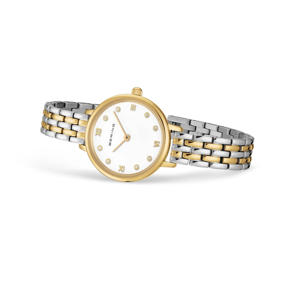 BERING Demi Roman Numeral Sparkling Link Watch Bicolor 28mm White Dial Women's Watch 11028-714