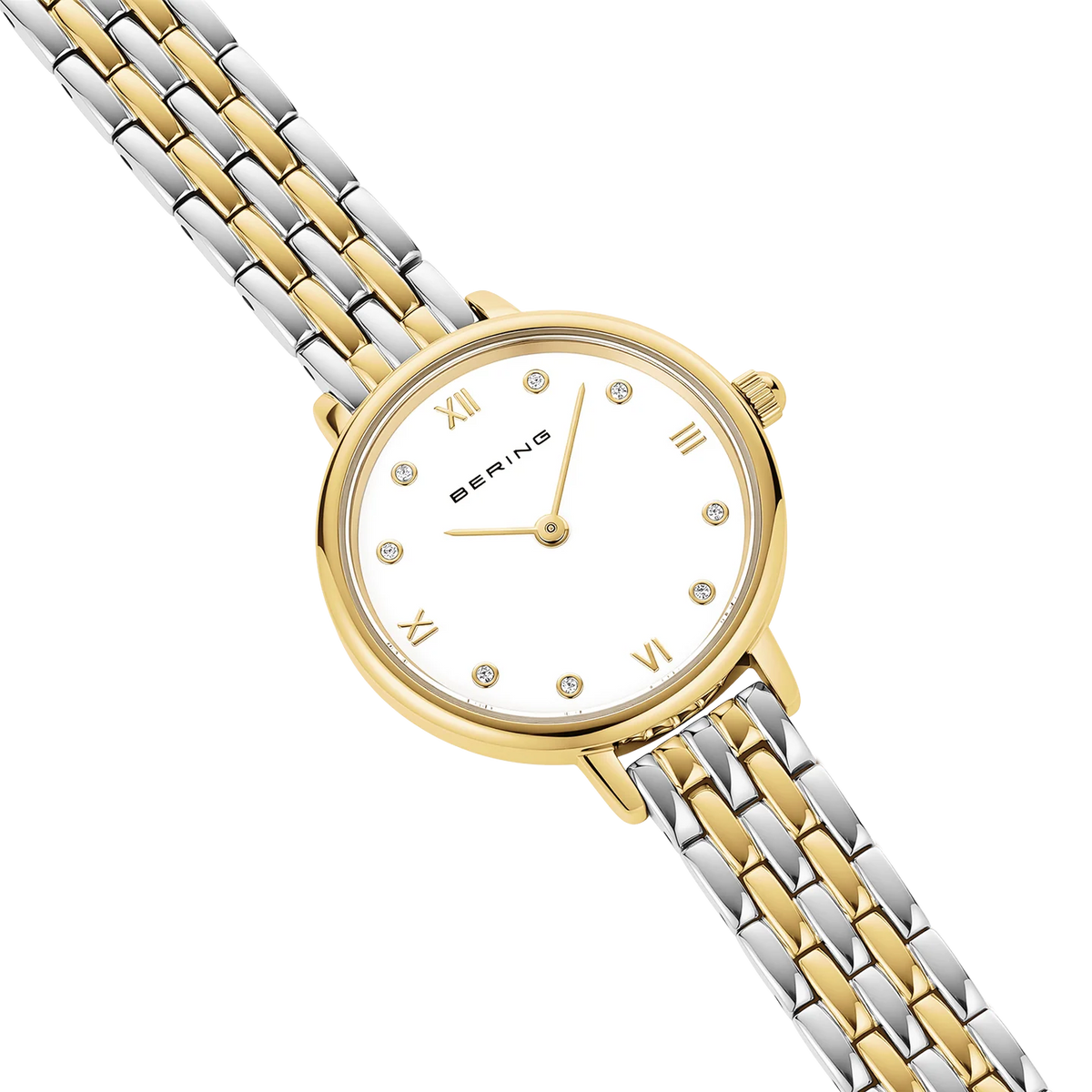 BERING Demi Roman Numeral Sparkling Link Watch Bicolor 28mm White Dial Women's Watch 11028-714