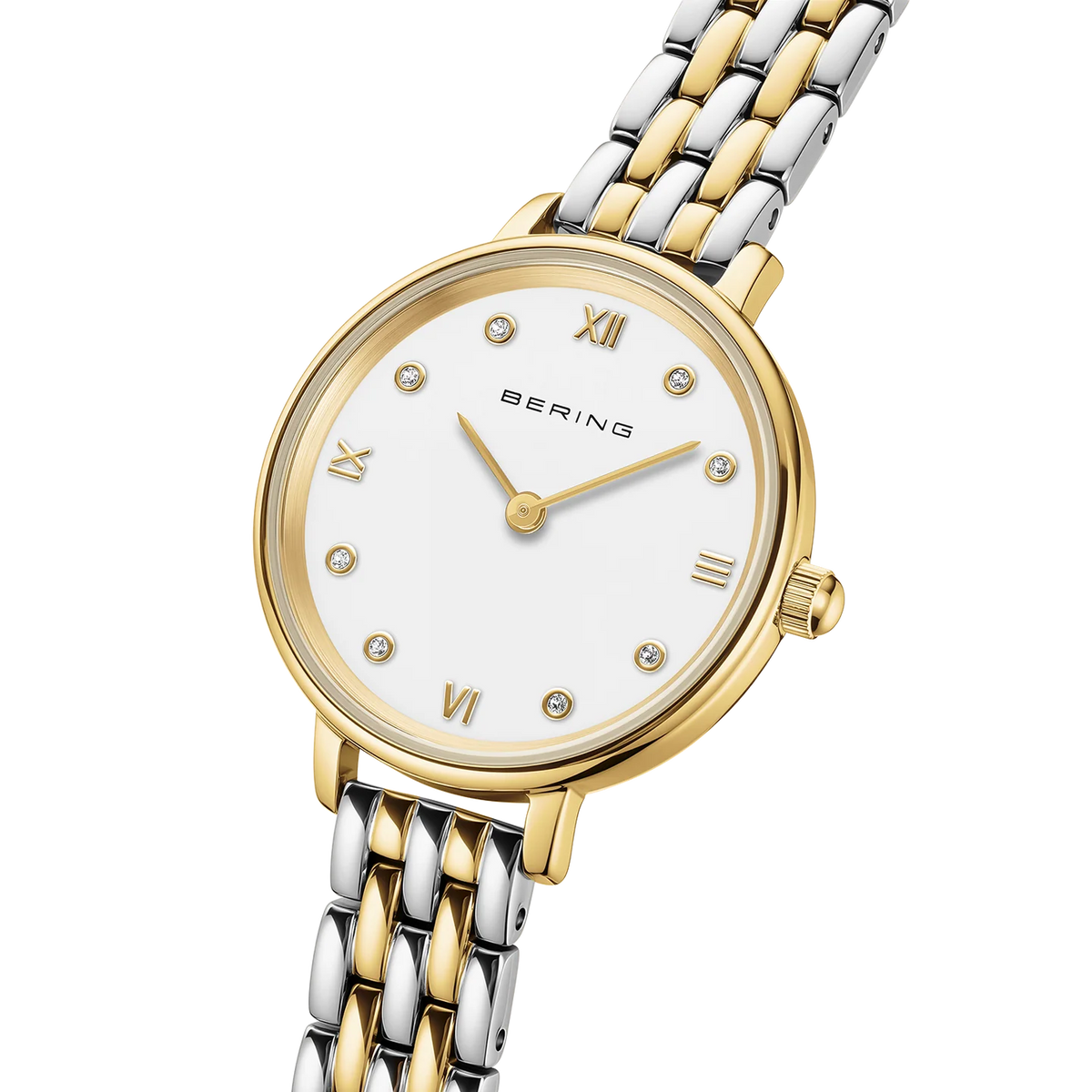 BERING Demi Roman Numeral Sparkling Link Watch Bicolor 28mm White Dial Women's Watch 11028-714
