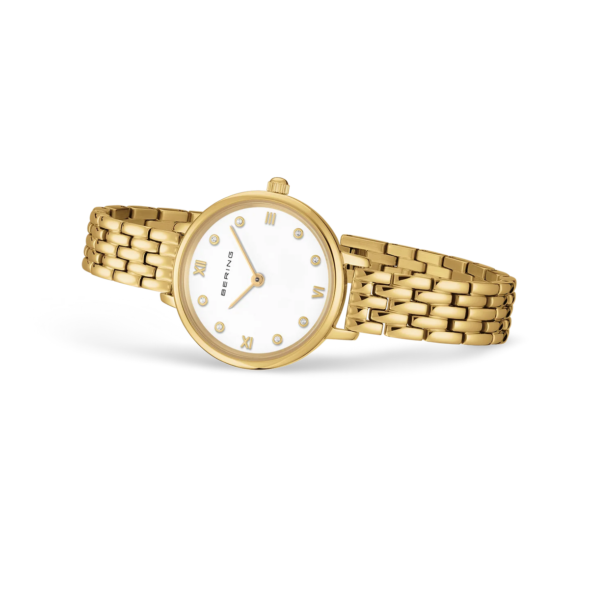 BERING Demi Roman Numeral Sparkling Link Watch Gold 28mm White Dial Women's Watch 11028-734