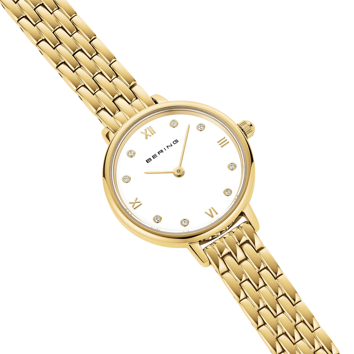BERING Demi Roman Numeral Sparkling Link Watch Gold 28mm White Dial Women's Watch 11028-734
