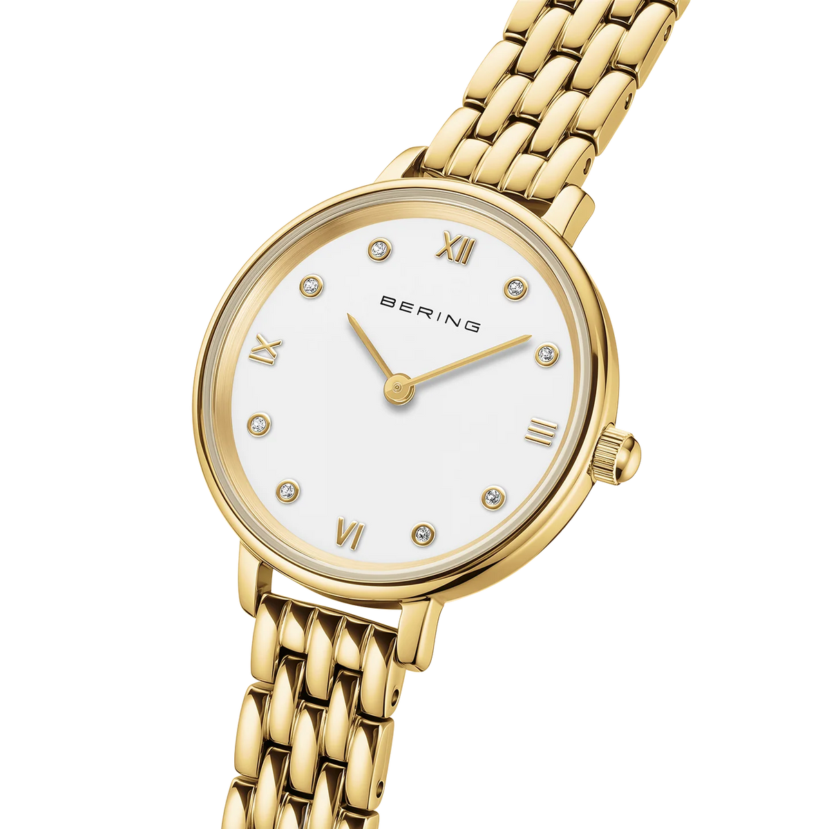 BERING Demi Roman Numeral Sparkling Link Watch Gold 28mm White Dial Women's Watch 11028-734