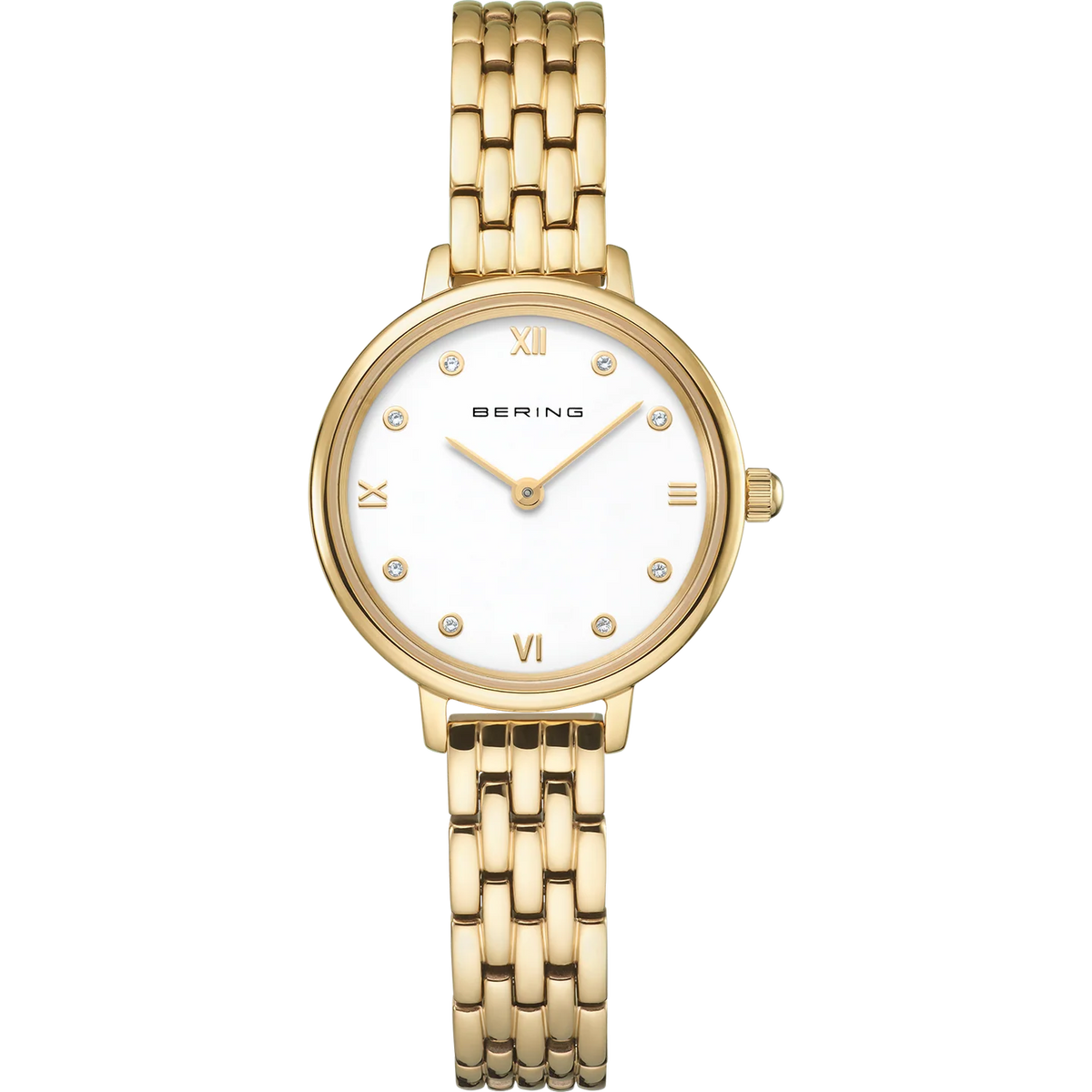 BERING Demi Roman Numeral Sparkling Link Watch Gold 28mm White Dial Women's Watch 11028-734