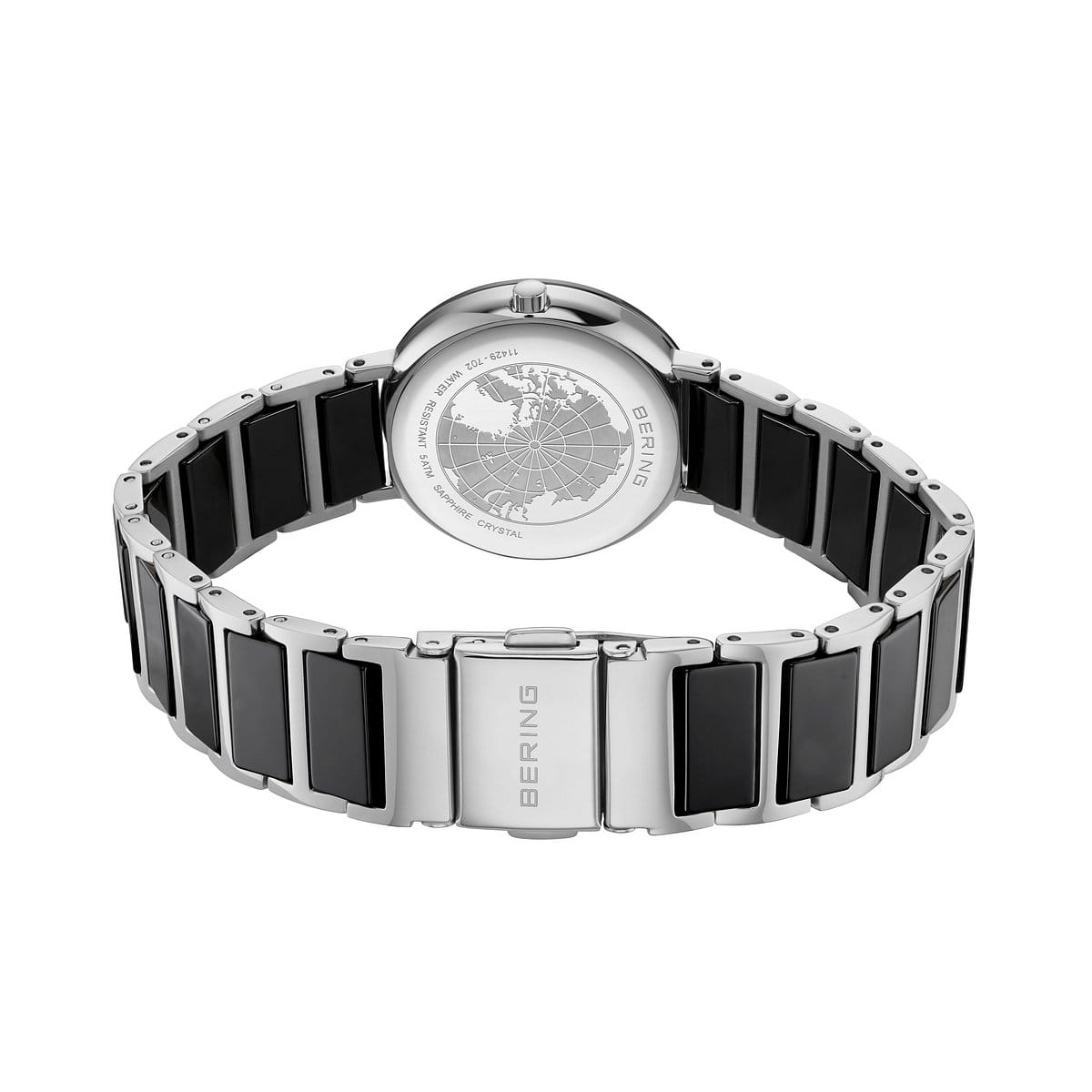 BERING Ceramic Polished Silver 29mm Black Diamond Dial Women's Watch 11429-702
