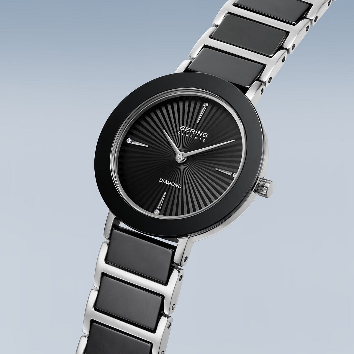 BERING Ceramic Polished Silver 29mm Black Diamond Dial Women's Watch 11429-702