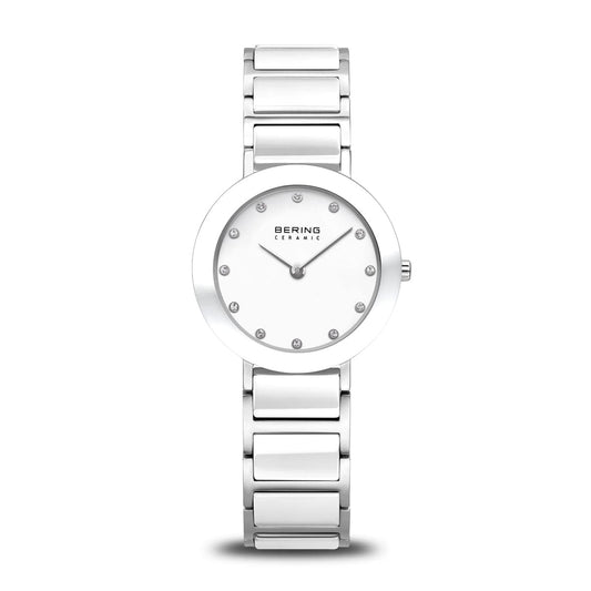 BERING Ceramic Polished Silver 29mm White Dial Women's Watch 11429-754