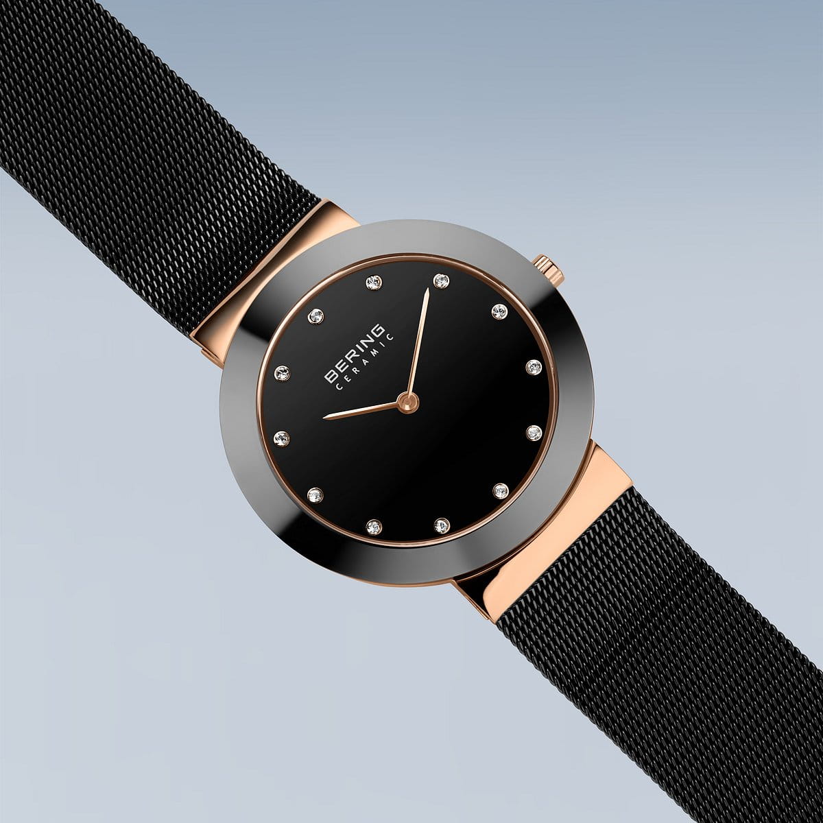 BERING Ceramic Polished Rose Gold 35mm Black Dial Women's Watch 11435-166