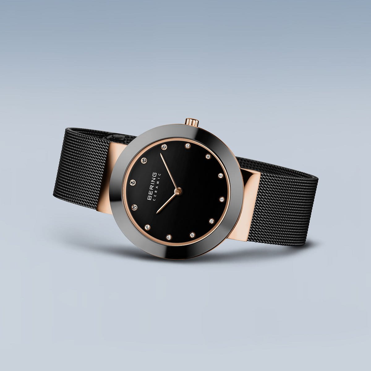 BERING Ceramic Polished Rose Gold 35mm Black Dial Women's Watch 11435-166