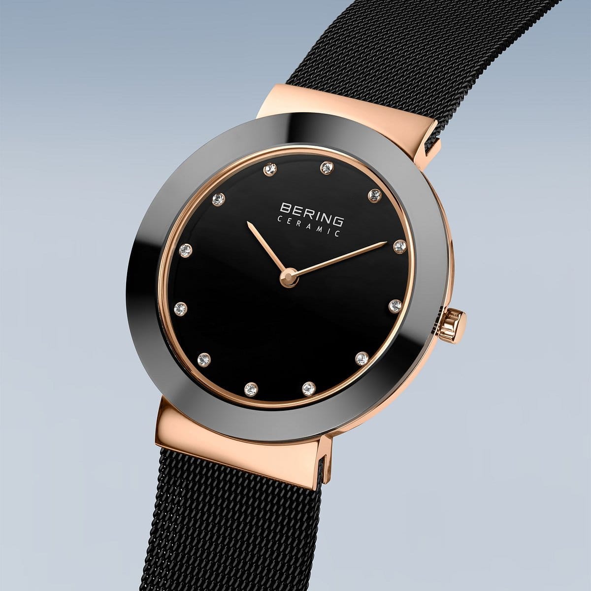 BERING Ceramic Polished Rose Gold 35mm Black Dial Women's Watch 11435-166