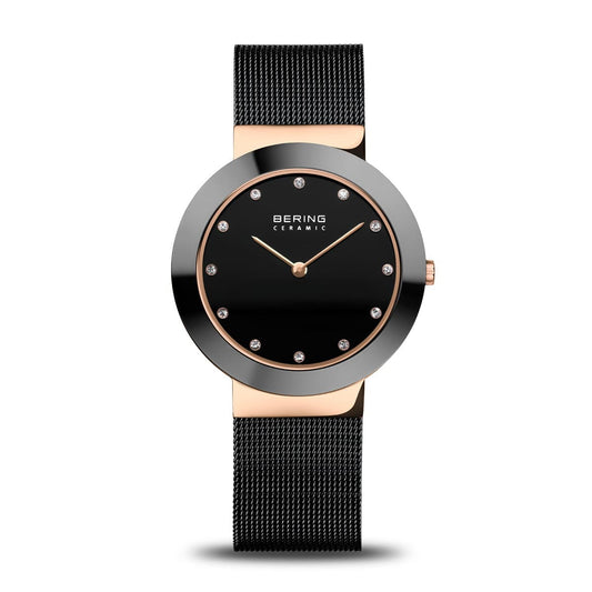 BERING Ceramic Polished Rose Gold 35mm Black Dial Women's Watch 11435-166