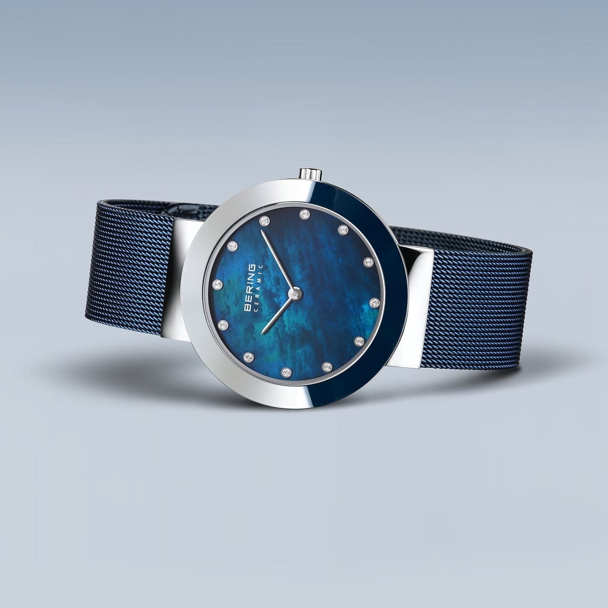 BERING Ceramic Polished Silver 35mm Blue Mother of Pearl Women's Watch 11435-387