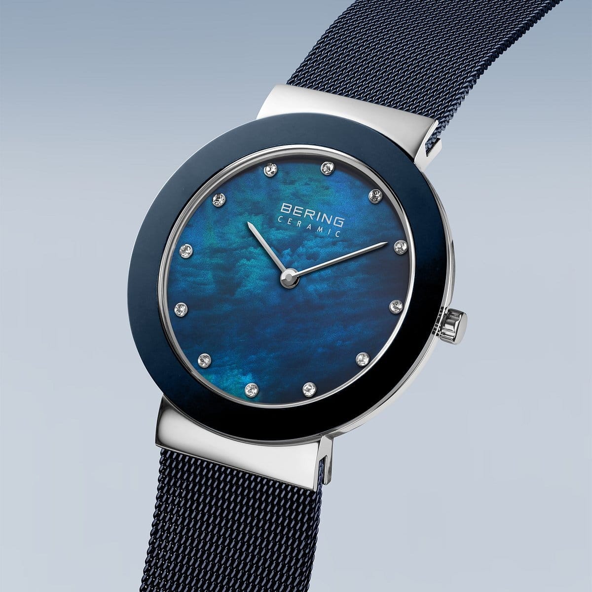 BERING Ceramic Polished Silver 35mm Blue Mother of Pearl Women's Watch 11435-387