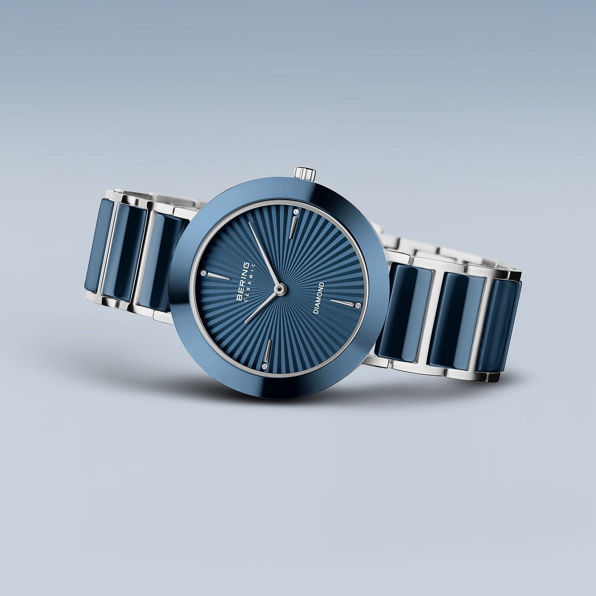 BERING Ceramic Polished Silver 35mm Blue Diamond Dial Women's Watch 11435-707
