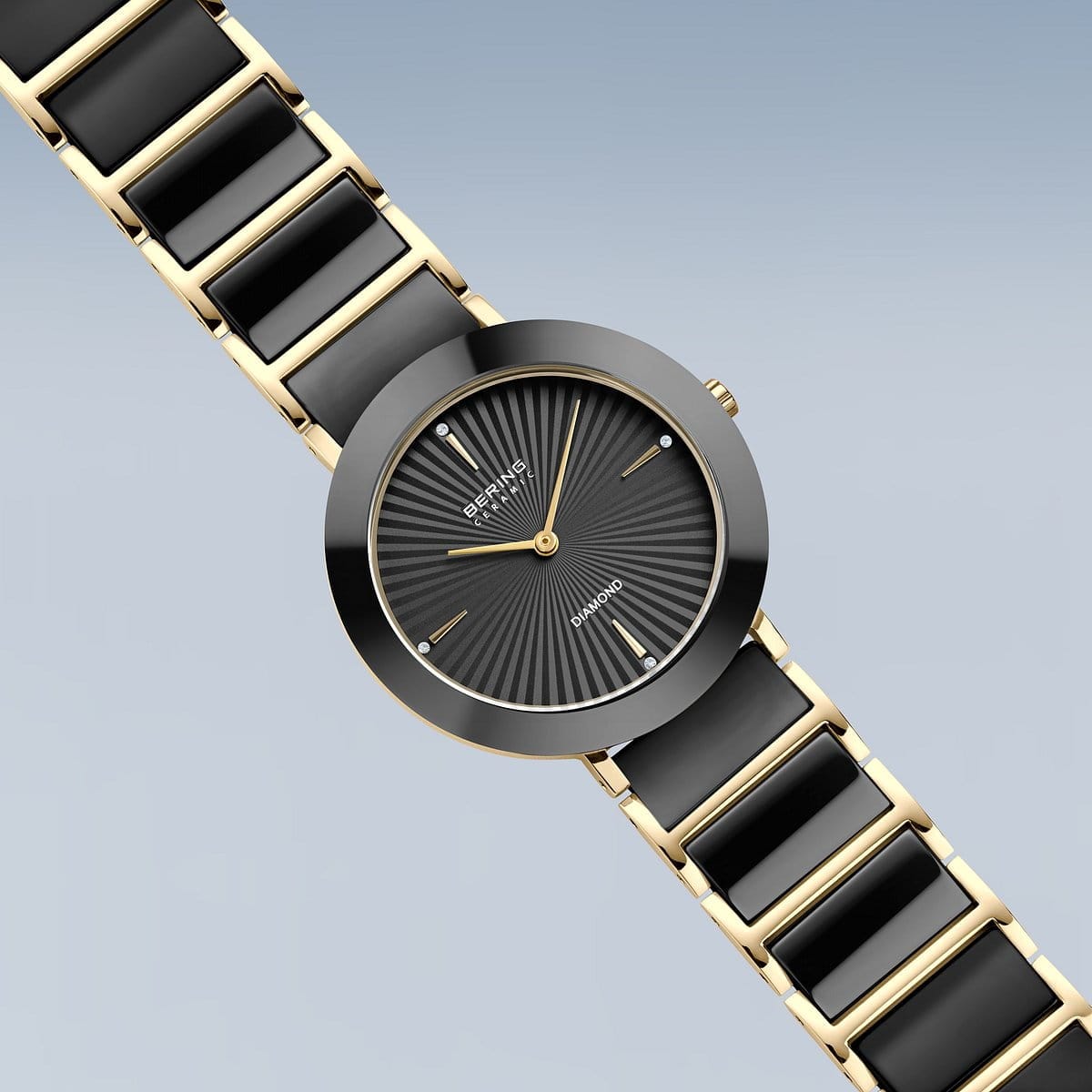 BERING Ceramic Polished Gold 35mm Black Diamond Dial Women's Watch 11435-732