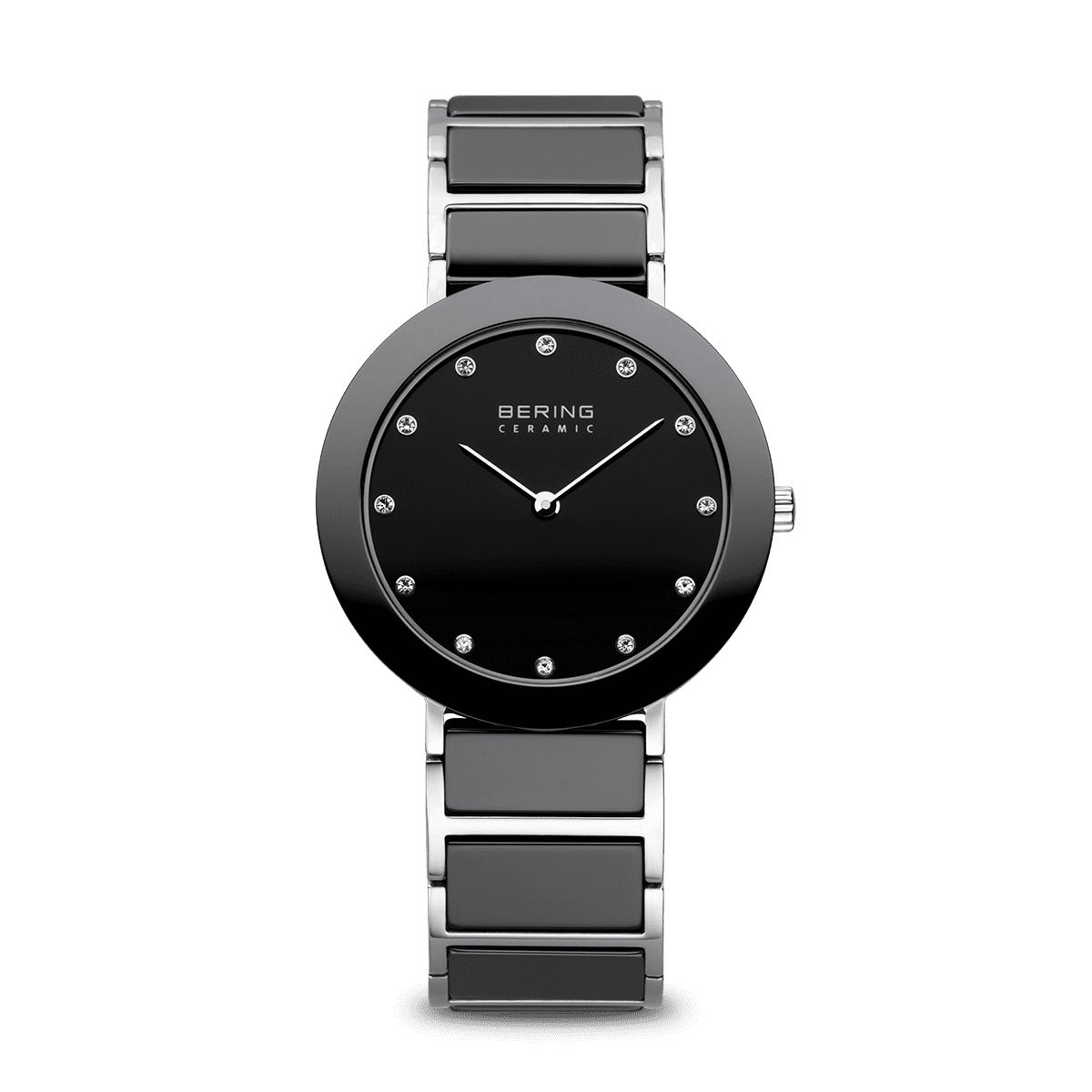 BERING Ceramic Polished Silver 35mm Black Dial Women's Watch 11435-749