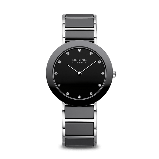BERING Ceramic Polished Silver 35mm Black Dial Women's Watch 11435-749