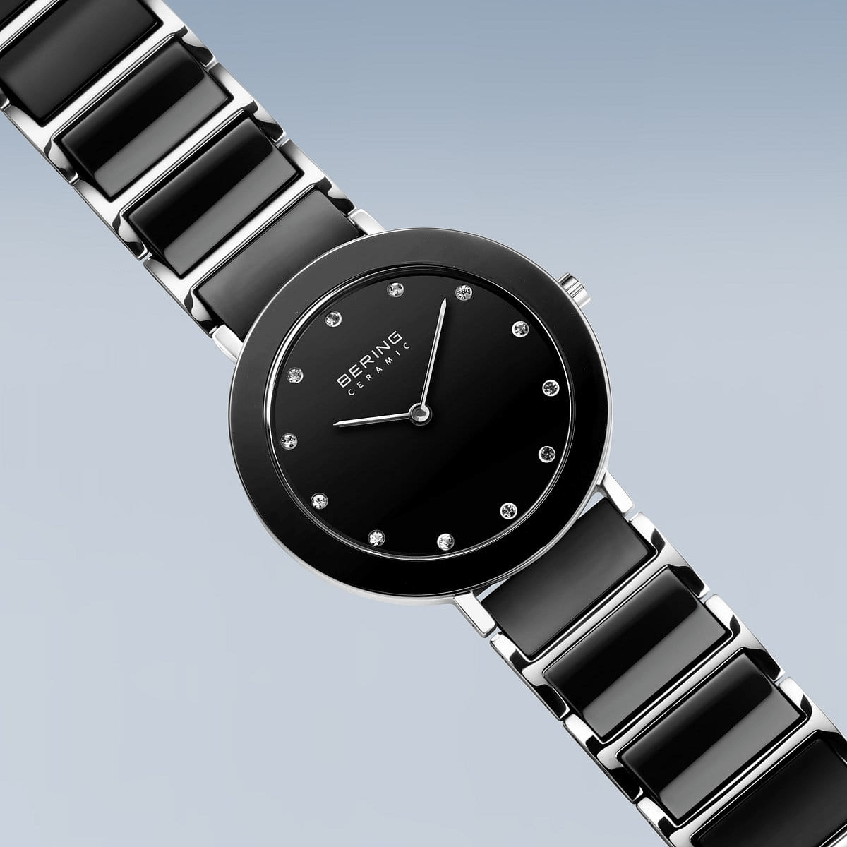 BERING Ceramic Polished Silver 35mm Black Dial Women's Watch 11435-749