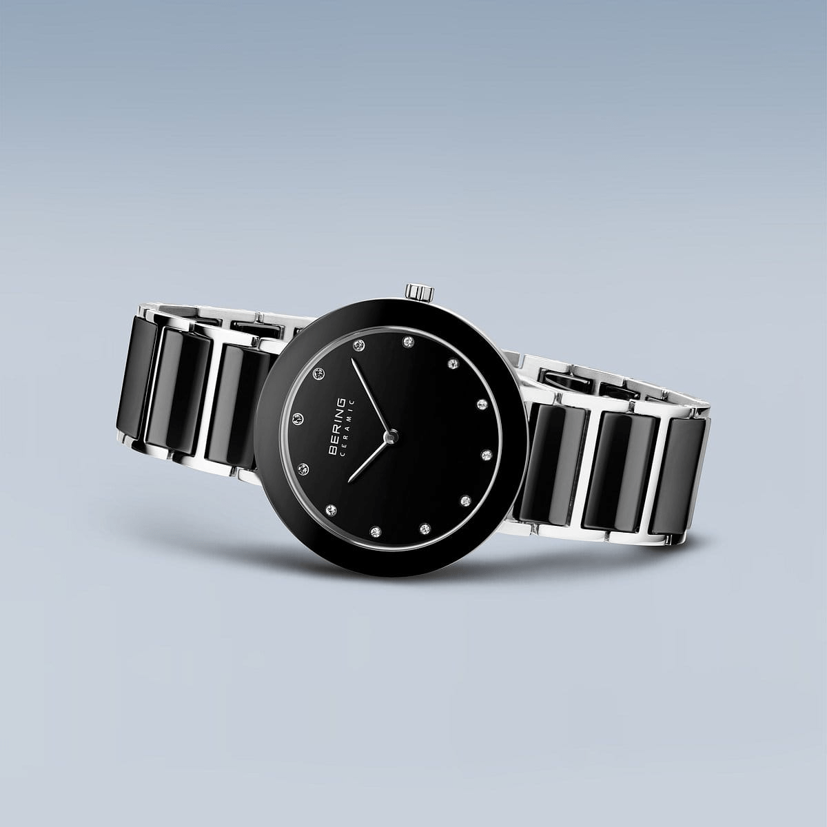 BERING Ceramic Polished Silver 35mm Black Dial Women's Watch 11435-749