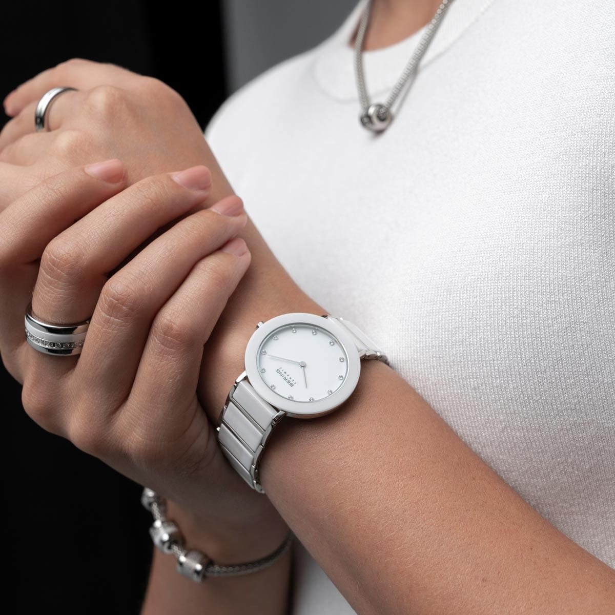 BERING Ceramic Polished Silver 35mm White Dial Women's Watch 11435-754