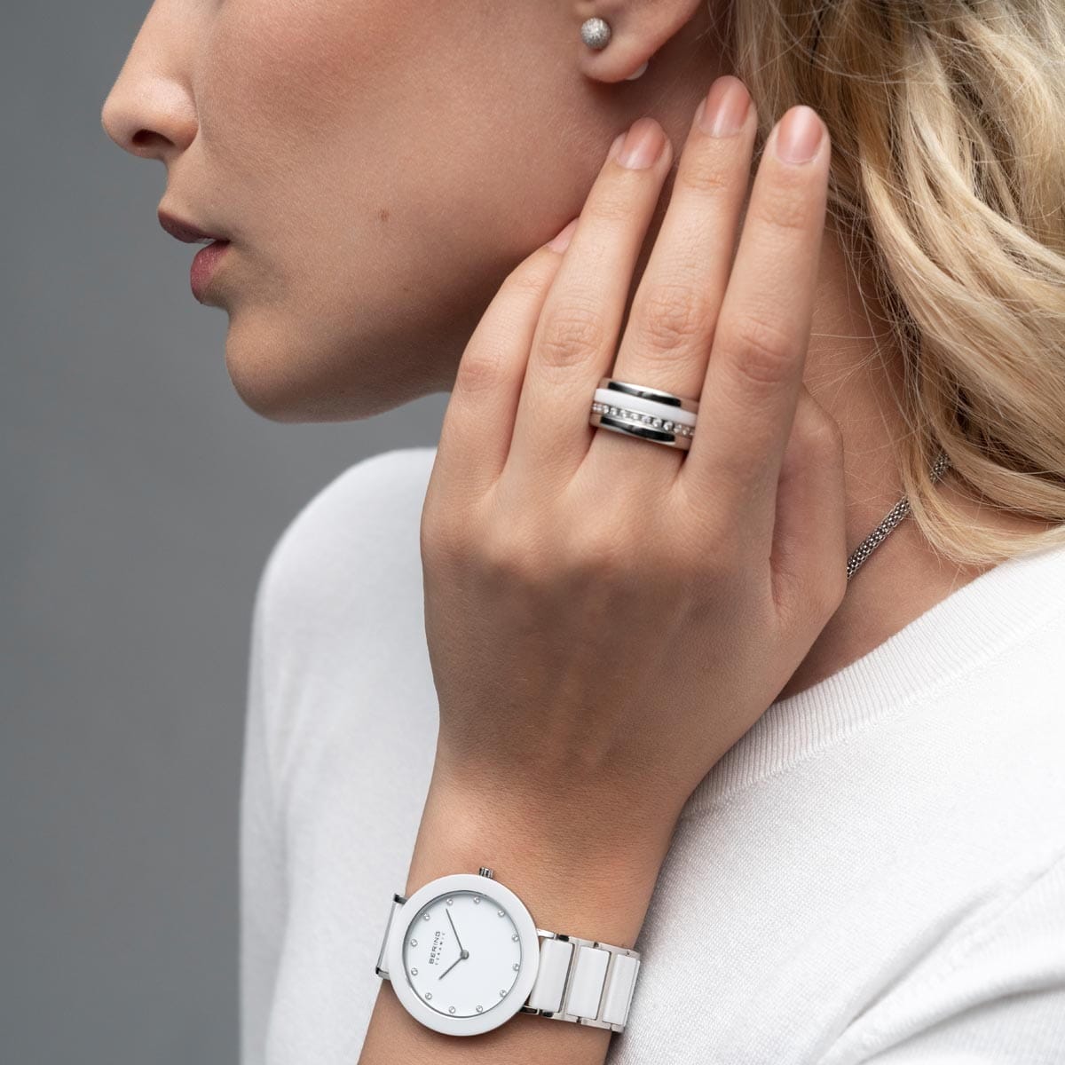 BERING Ceramic Polished Silver 35mm White Dial Women's Watch 11435-754