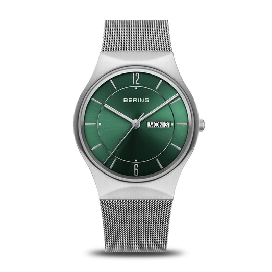 BERING Classic Brushed Silver 38mm Green Sunray Dial Men's Watch 11938-008DD