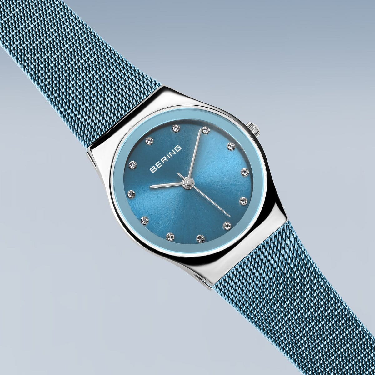 BERING Classic Polished Silver 27mm Blue Sunray Dial Women's Watch 12927-308