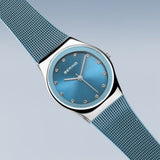 BERING Classic Polished Silver 27mm Blue Sunray Dial Women's Watch 12927-308