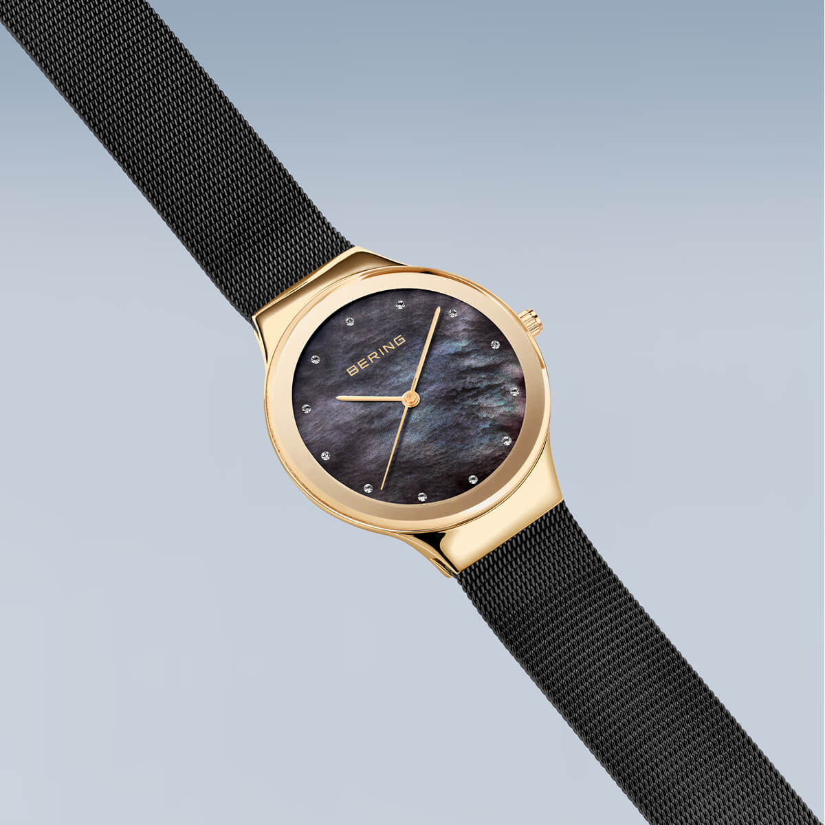 BERING Classic Polished Gold 34mm Black Mother of Pearl Dial Women's Watch 12934-132