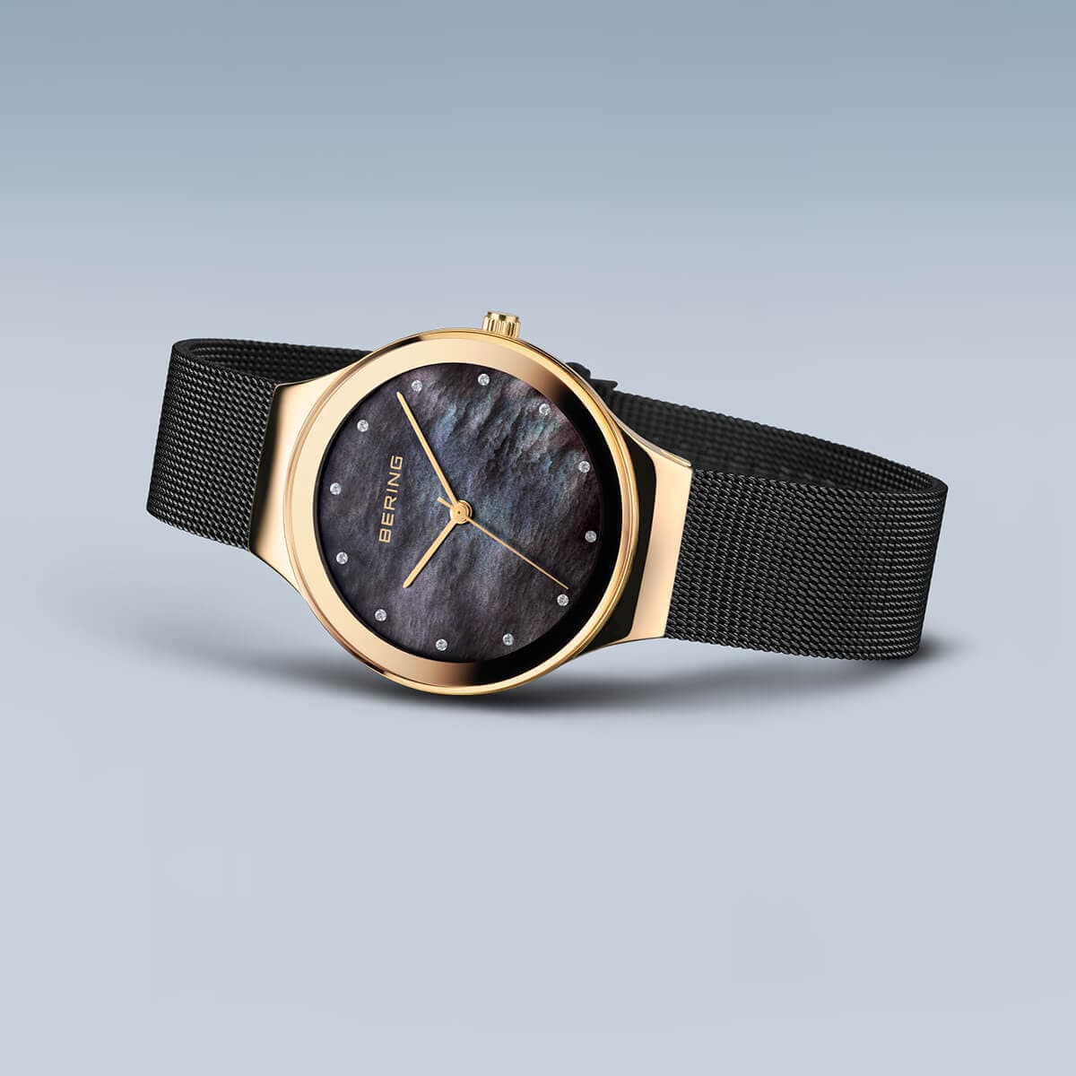 BERING Classic Polished Gold 34mm Black Mother of Pearl Dial Women's Watch 12934-132