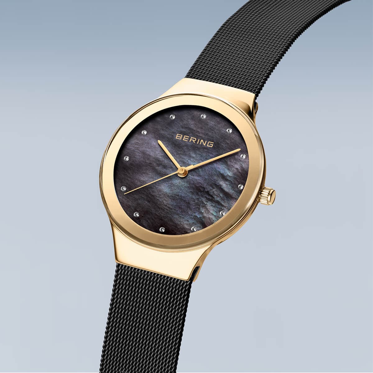 BERING Classic Polished Gold 34mm Black Mother of Pearl Dial Women's Watch 12934-132