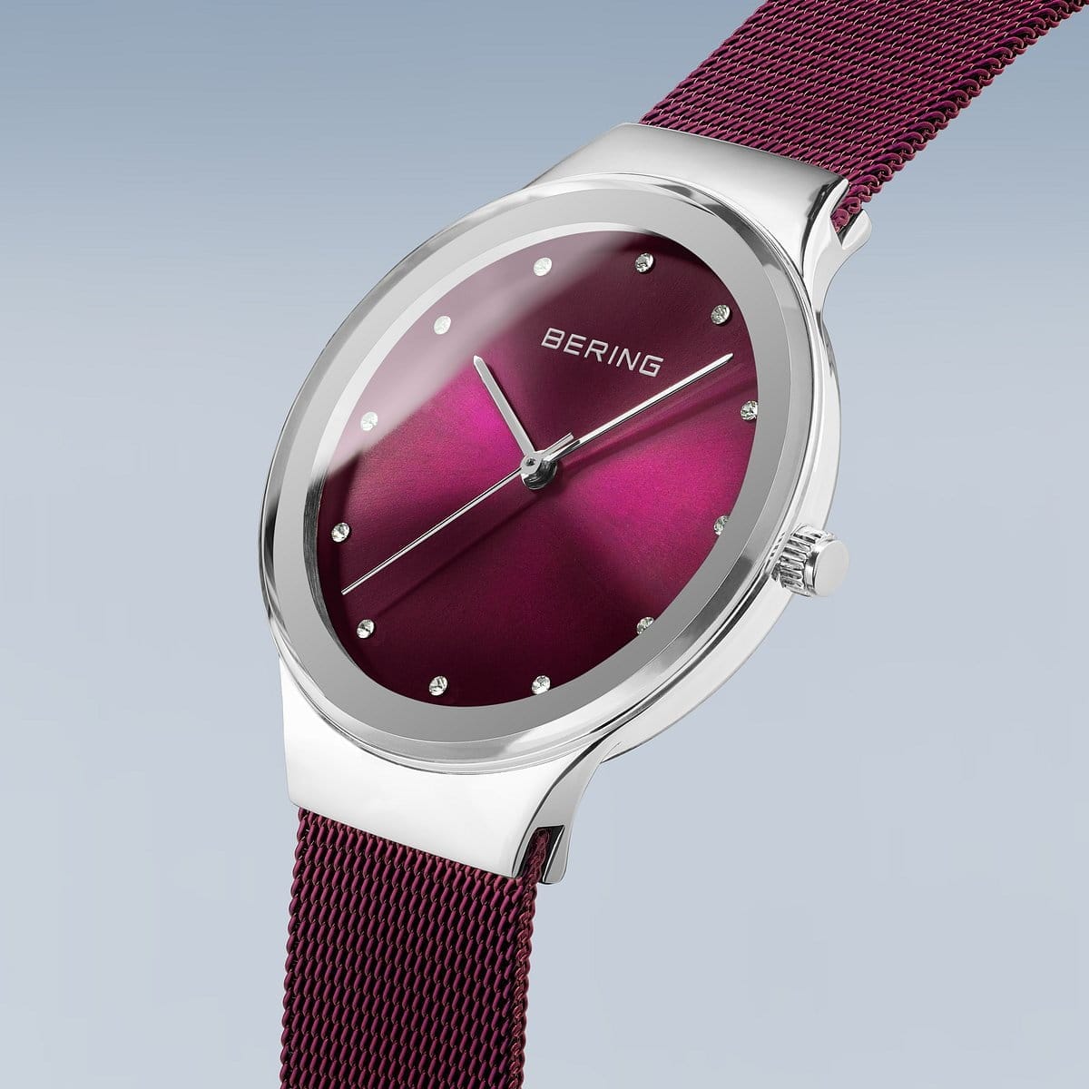 BERING Classic Polished Silver 34mm Purple Sunray Dial Women's Watch 12934-909
