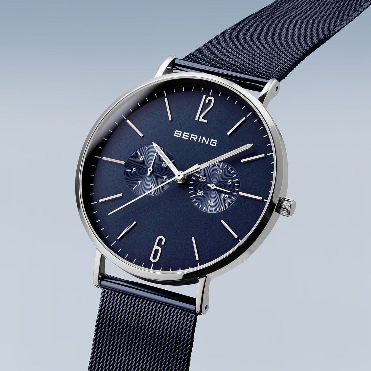 BERING Classic Polished Silver 40mm Blue Sunray Dial Men's Watch 14240-303