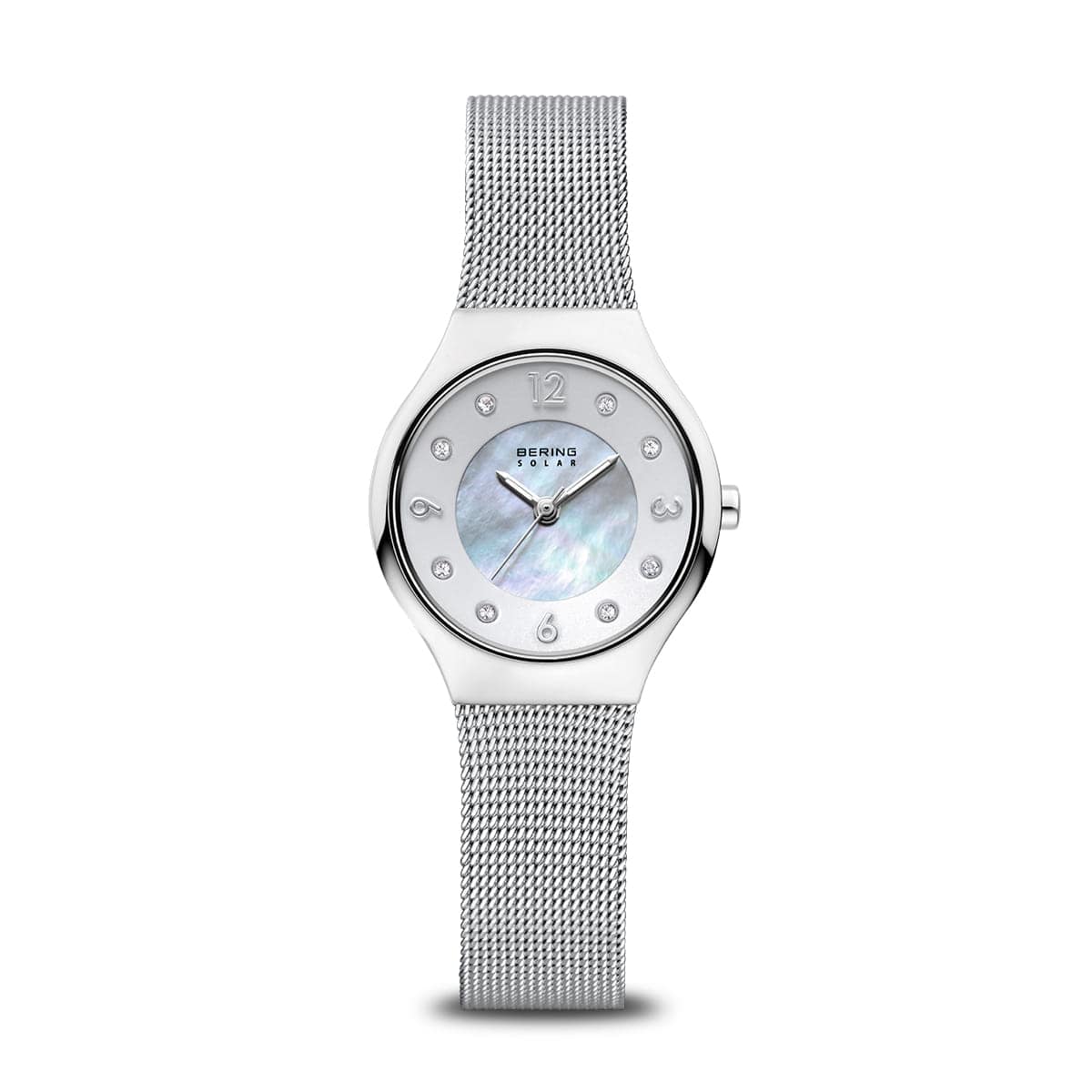 BERING Solar Polished Silver 27mm White Mother of Pearl Dial Women's Watch 14427-004